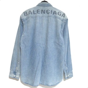 クリーニング済み 美品 BALENCIAGA バレンシアガ バックロゴプリント ヴィンテージ加工 デニムシャツ BDシャツ 534541 38 インディゴブルー