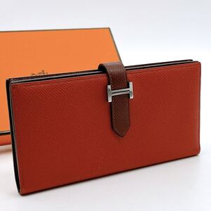 HERMES エルメス 長財布 ベアンスフレ ヴォーエプソン マチ付き レッド ボルドー バイカラー シルバー 金具 メンズ レディース