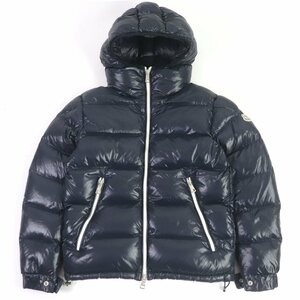 美品□MONCLER モンクレール BLIER ロゴワッペン付き WZIP フーデッド パフィージャケット ダウンジャケット ネイビー 0 ブルガリア製