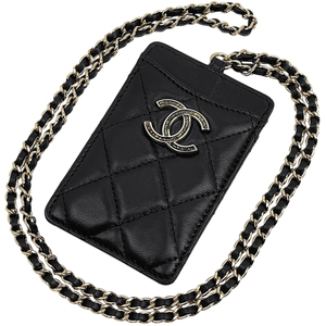 シャネル CHANEL ココマーク チェーン カードケース パスケース マトラッセ ストラップ レザー ブラック A01745 レディース 【中古】