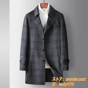 超美品*ウールコート メンズコート チェック柄 ロングコート 紳士服 ビジネスコート カシミヤ アウター チェスターコート グレー① 4XL