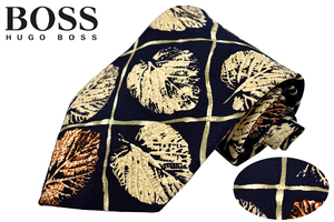 N-2222★送料無料★超美品★BOSS HUGO BOSS ボス ヒューゴボス★イタリア製 ネイビー紺色 ボタニカル 葉 リーフ柄 絹 シルクネクタイ