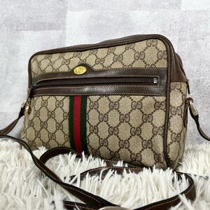 美品 OLD GUCCI オールドグッチ シェリーライン インターロッキング ショルダーバッグ クロスボディ 斜めがけ 肩掛け PVC レザー GG 茶