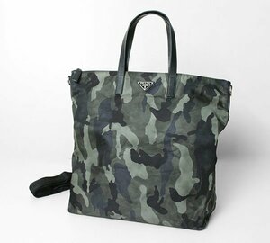 PRADA ◆2WAY ナイロン トートバッグ グレーマルチ (ショルダーベルト付き) カモフラ 迷彩 ショルダーバッグ 三角ロゴ プラダ ◆XE13