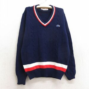 古着 ラコステ LACOSTE IZOD 長袖 ブランド ケーブル セーター キッズ ボーイズ 子供服 80s ワンポイントロゴ アクリル Vネック 紺 ネイビ