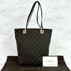 美品 グッチ GUCCI トートバッグ GGキャンバス ブラック ダークブラウン g00357