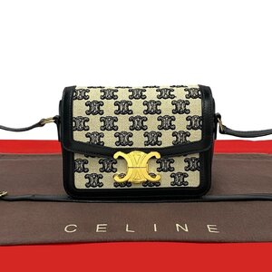 極 美品 希少品 CELINE セリーヌ ティーントリオンフ ロゴ 金具 キャンバス レザー 本革 ミニ ショルダーバッグ ポシェット ブラック 30063