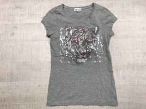 Yessica レトロ ブティック モード スパンコール × タイガー プリント トップス 半袖Tシャツ カットソー レディース M グレー