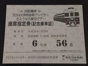 【記念乗車証】京阪電車 旧3000系 テレビカー さようなら貸切ツアー