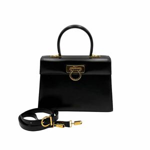 1円 美品 Salvatore Ferragamo サルヴァトーレフェラガモ ガンチーニ 2way ハンドバッグ ショルダーバッグ 手提げ 肩掛け ブラック 黒