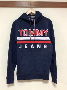 ゆ1468 TOMMY JEANS トミージーンズ プルオーバー スウェットパーカー S ネイビー ビッグロゴプリント 裏地パイル レギュラーフィット 