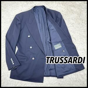 【圧巻のダブル!!】TRUSSARDI トラサルディ ウール100％ ダブルテーラードジャケット L ブレザー シルバーボタン 銀釦 ネイビー 総裏地