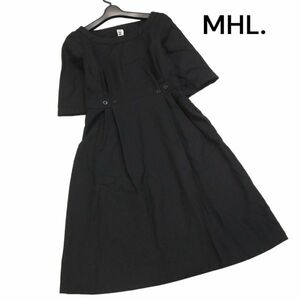 MHL. マーガレットハウエル ウール100％ プリーツ ベルト デザイン♪ 半袖 ワンピース Sz.1　レディース 黒　K4T00656_5#O