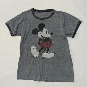 k457 70s ビンテージ ミッキー リンガー Tシャツ グレー ディズニー 染み込み プリント Disney mickey vintage ヴィンテージ