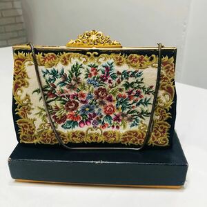 OKADA オカダ ロレル プチポワン 昭和レトロ がま口バッグ ヴィンテージ 花柄刺繍 No.520 アンティーク ゴールド ブラック ハンドバッグ