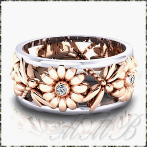 [RING] Rose & White Gold Plated Flower Dragonfly Design Hollow Ring フラワー&トンボ 透彫 デザイン 9mm リング 11号