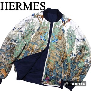 90s ヴィンテージ HERMES エルメス SICHUAN 四川省 スカーフ柄 シルク リバーシブル ボンバー ジャケット 46 パンダ アニマル柄