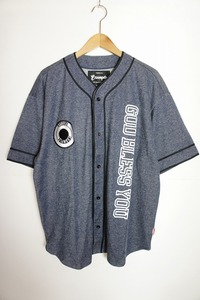 新品 20SS EXAMPLE エグザンプル BIG COLLEGE LOGO GAME SHIRT ゲーム シャツ ベースボール シャツ カットソー 紺 サイズM 1119M