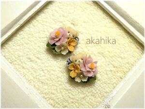 akahika*樹脂粘土花パーツ*ちびくま左右対称和ブーケ・椿と小花・ピンク