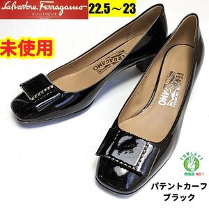 未使用さん　フェラガモFerragamo　リボン　スクエアトウパンプス5.5D