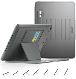 iPadケース 9/8/7世代BB982(2021/2020/2019) 10.2インチ耐衝撃 多角度横置き調節 オートスリープ カード収納 強磁力全面保護カバーグレー