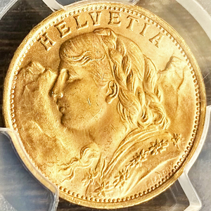 【高鑑定】 1935LB スイス アルプスの少女 PCGS MS66 20フラン 金貨 ブレネリ ヘルベティア 未使用 アンティーク コイン