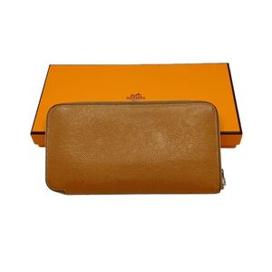 【良品】エルメス HERMES アザップロング シルクイン エプソン ラウンドファスナー 長財布 ブラウン × オレンジ