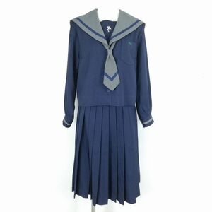 1円 セーラー服 スカート ネクタイ 上下3点セット 指定 L 冬物 青1本線 女子 学生服 沖縄南星中学 紺 制服 中古 ランクB NA7328