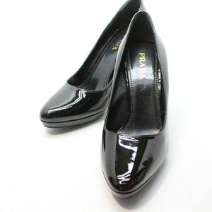 新品 PRADA 本革エナメルピンヒールパンプス 38.5 黒○B49