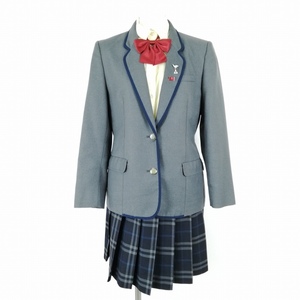 1円 ブレザー チェックスカート リボン 上下4点セット カンコー 冬物 女子 学生服 鹿児島南高校 グレー 制服 中古 ランクC EY8865