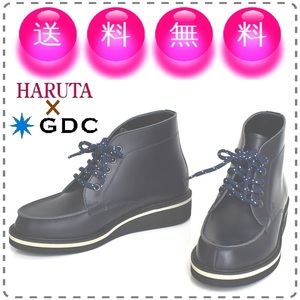 HARUTA×GDCコラボ 本革ショートブーツ モカシン 編み上げ レースアップ 日本製 本州送料無料 メンズ レディース 24cm3E 紺 U2501