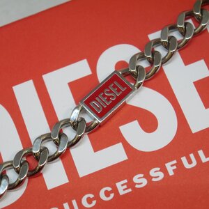 定型外送料無料 USED品 DIESEL ディーゼル DX1371040 ブレスレット ステンレス 喜平チェーン ロゴプレート レッド/シルバーカラー 箱付