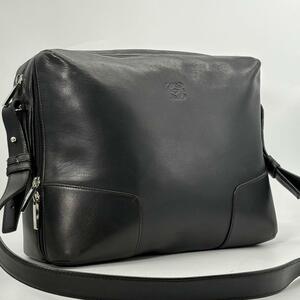 1円/極美品●LOEWE ロエベ アナグラム ショルダーバッグ オールレザー メッセンジャーバッグ クロスボディ ブラック 黒 メンズ ビジネス