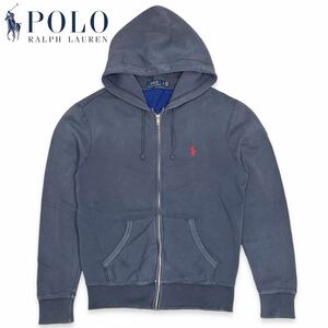 国内正規品■POLO RALPH LAUREN (ポロ ラルフローレン) ヴィンテージ加工 ポニー ロゴ刺繍 長袖 スウェット パーカー 紺 ネイビー S 古着