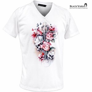 35363-s04 Tシャツ スカル ドクロ 髑髏 Vネック スリム 半袖Tシャツ プリント mens メンズ(ホワイト白スカル薔薇十字架) M 送料370円～