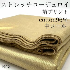 R43　ストレッチコーデュロイ 箔プリント　3ｍ　綿96％　16ｗ　中コール　ゴールド×ベージュ　日本製　布　ハンドメイド　衣装　コスプレ