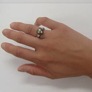 9号 pt900 黒 真珠 11mm 玉 ダイヤ 0.10ct リング プラチナ 指輪　ブラック パール 黒蝶 真珠