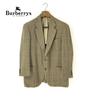 A6948/ビンテージ 80s 美品 春夏 背抜き BURBERRY バーバリー ラムウール チェック レザー釦 テーラード シングル2Bジャケット L 茶/メンズ