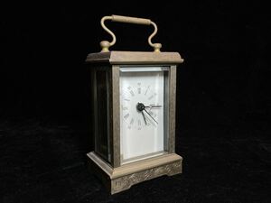 20世紀前期 フランス製 アンティーク 枕時計 ゼンマイ式 置き時計 置時計 キャリッジクロック ブラス カットガラス ジャンク