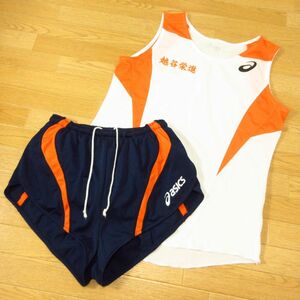 ◎asics アシックス 越谷栄進 陸上 M 上下セット◆セットアップ ユニフォーム タンク&レーシングパンツ ランパン◆レディース 白x紺◆B4430