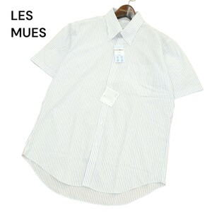 【新品 未使用】 LES MUES レミュー 吸汗速乾 形態安定 接触冷感 半袖 スリム ストライプ シャツ Sz.L　メンズ ビジカジ　A4T06664_6#A