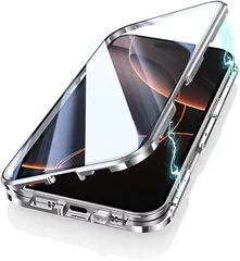 【在庫処分】カメラ保護カバー付き iPhone 16 Pro Max ケース ロック付き 両面ガラス アルミバンパー クリア 透明 iPhone 16ProMax ガラスケース マグネット式 360°全面保護 磁石カバー 強化ガラス，銀