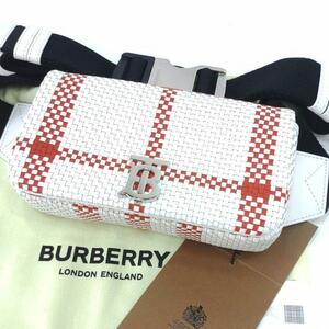 【現行モデル/未使用級】バーバリー Burberry ウエストポーチ ボディバッグ 編み込み レザー 革 ショルダー 斜め掛け TBロゴ 白 赤チェック