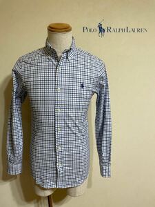 Polo Ralph Lauren ポロ ラルフローレン ボタンダウン ギンガムチェックシャツ トップス サイズXS 長袖 165/88A スリムフィット 白 水 紺