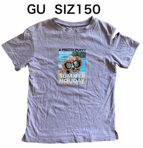 【送料無料】中古 GU ジーユー 半袖Tシャツ プリント トイプードル ピンク 肩スリット サイズ150