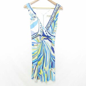 美品 EMILIO PUCCI エミリオプッチ プッチ柄 シルクブレンド ノースリーブ カシュクール ワンピース ドレス 34 ブルー×イエロー ◆