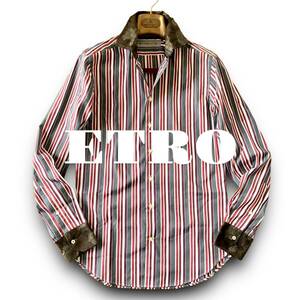 B06 極美品 名作！定価5万 Mぐらい 38『エトロ ETRO』イタリアンコットン マルチカラー ストライプ フラワー 長袖 シャツ 鮮やかな色合い！