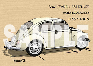 フォルクスワーゲン タイプ1 ビートル VOLKSWAGEN TYPE1 BEETLE オリジナル手描き風イラスト（旧車、VW、ワーゲンバス）TYPE1-B12