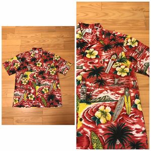 良品☆Hawaii製／OLD ROYAL CREATIONS ハワイ　サイズM大き目・日本L並　半袖オールドアロハシャツ 風景画や.椰子の木&時計灯台&カヌー他柄