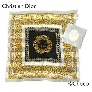 Christian Dior クリスチャンディオール 大判シルクスカーフ シアー ボーダー 花柄 ロゴ